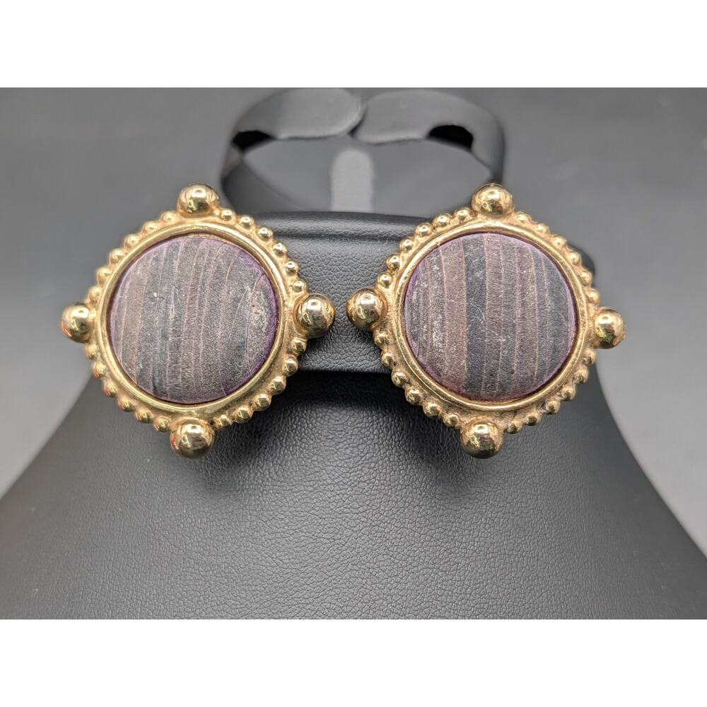 Vintage Carol Dauplaise Signed Gold Tone Purple Snakeskin Clip On Earrings 80s